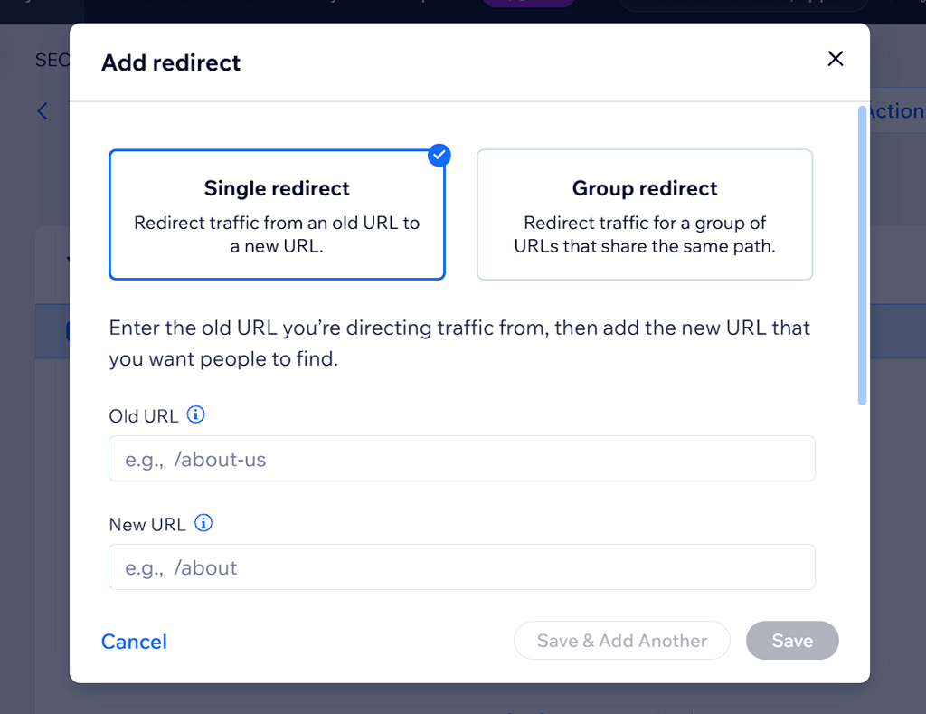 Wix 301 redirects editor