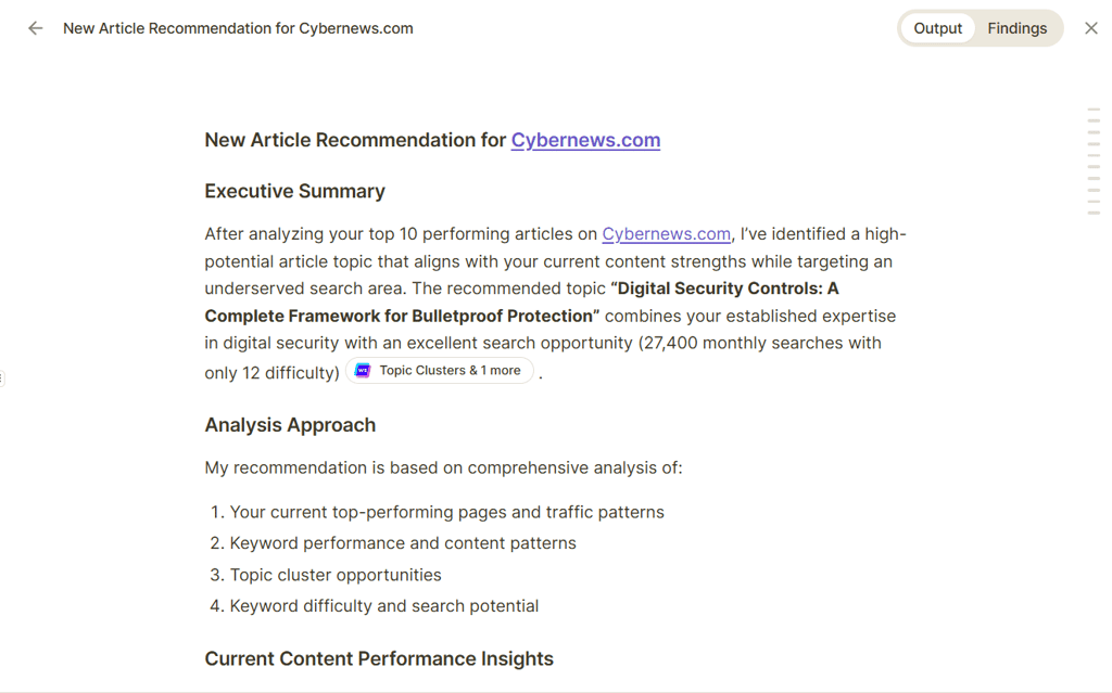 A content brief created by Writesonic