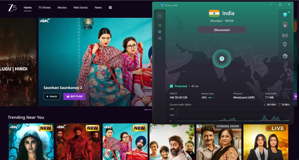 Strömning av ZEE5 i Indien med Proton VPN aktiverad