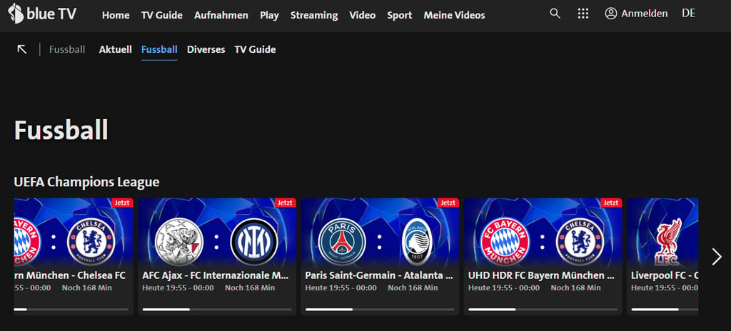 Blue TV Website, Fußballprogramm, schwarzer Hintergrund