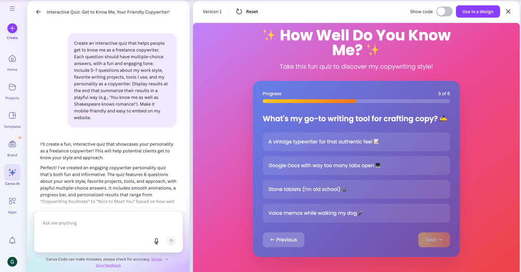 Interactive quiz created by Canva Code