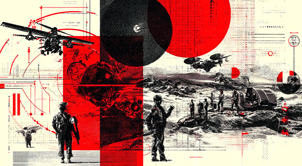 The Chinese miliary, painted on a canvas, surrounded by war equipment and civilian AI.