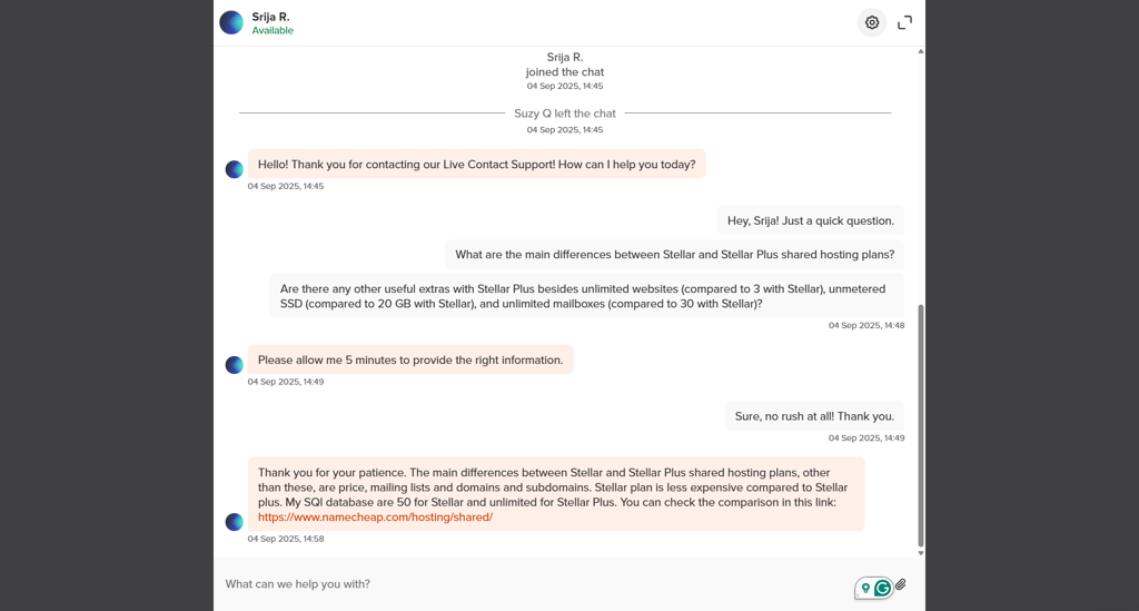 My conversation with Srija R., a Namecheap hosting customer support agent