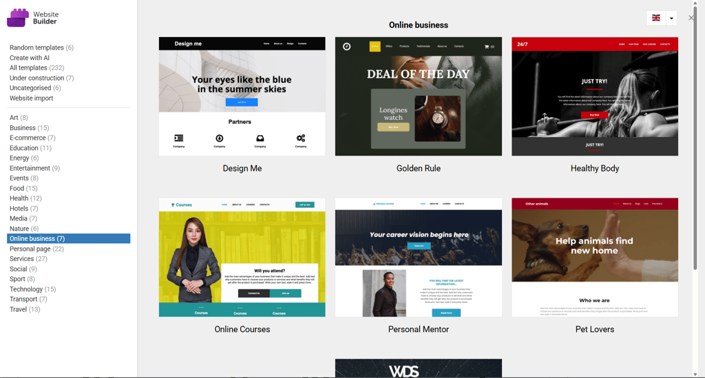 Namecheap’s online business template selection interface