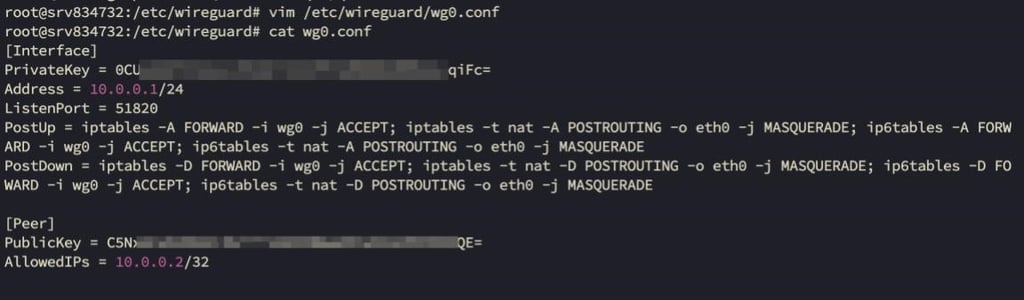 Opened wg0.conf file with the above-mentioned configuration template on the VPS side