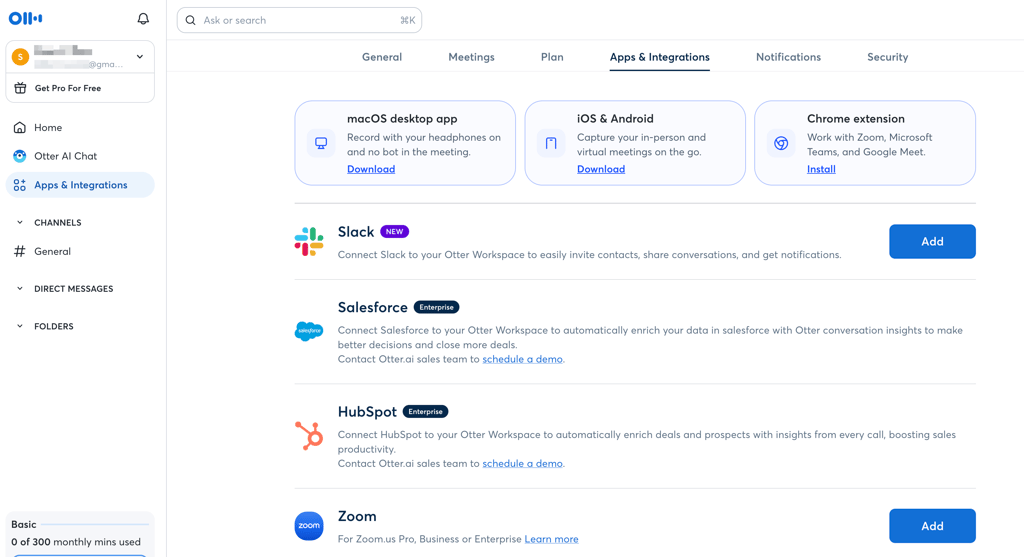 Otter’s integrations with different platforms