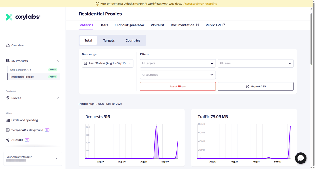 Oxylabs user dashboard