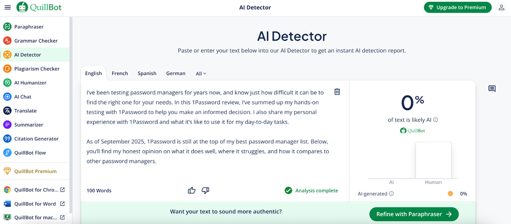 Quillbot's AI detector