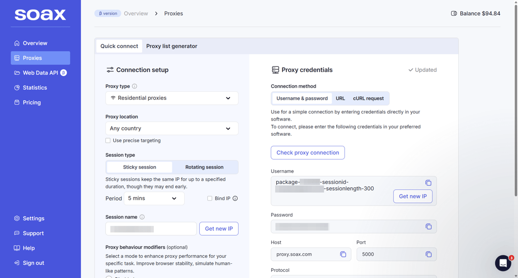 SOAX user dashboard