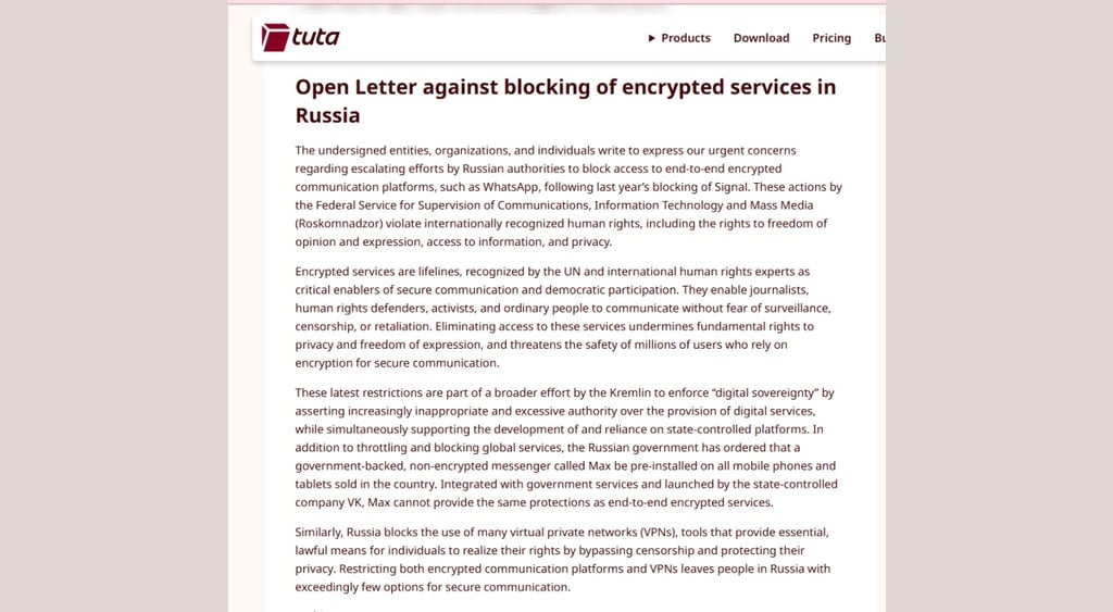Tuta Mail Tor Project Open letter against Russia ban on encryption messaging apps