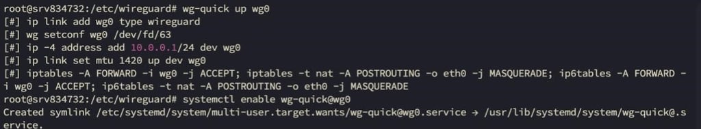 VPN is being launched with the wg-quick up wg0 command