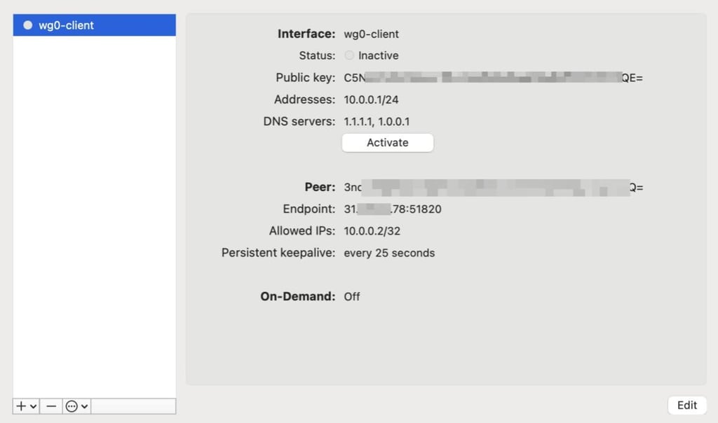 WireGuard app after adding a configuration file