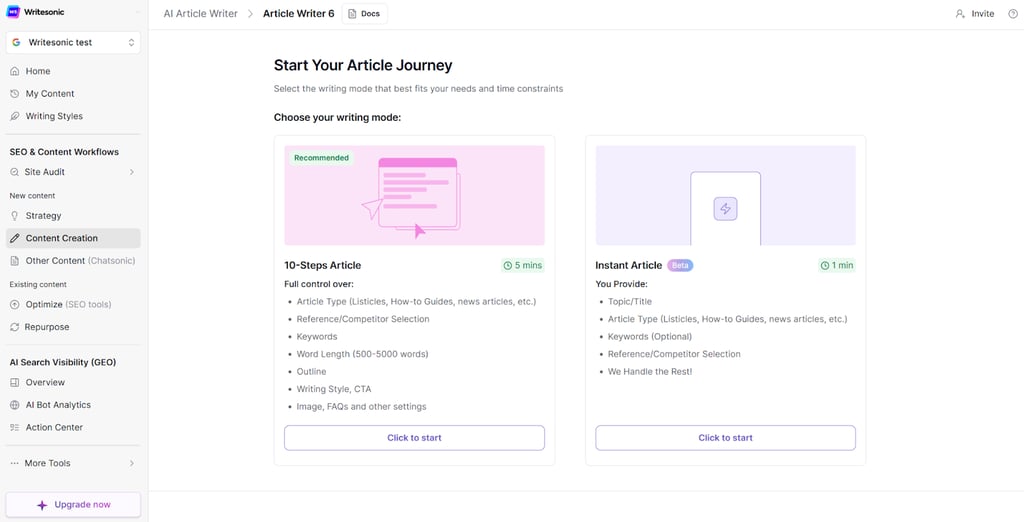 Writing an article with Writesonic