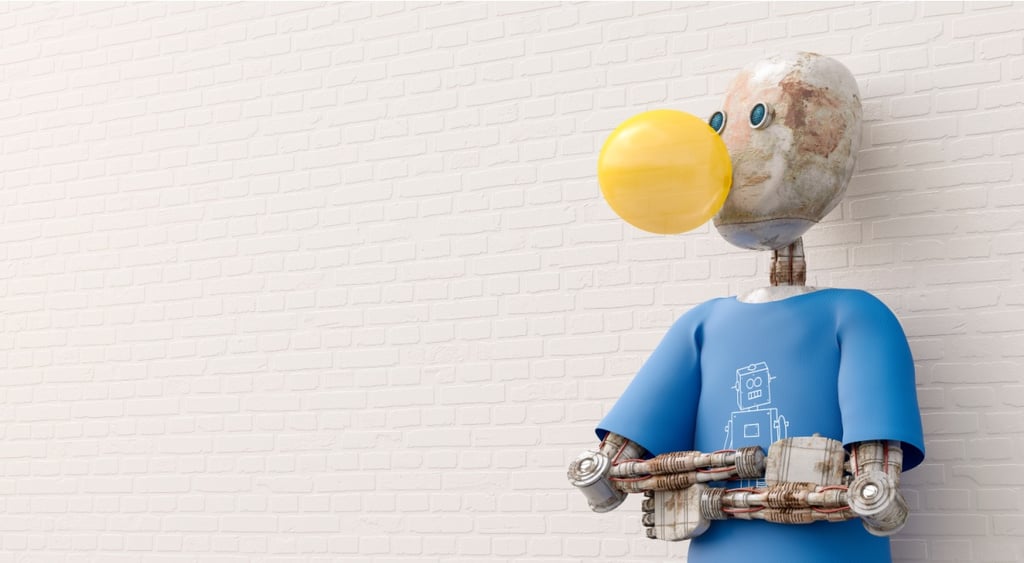 white muddy ai bot, white brick wall, blue tshirt, yellow bubble