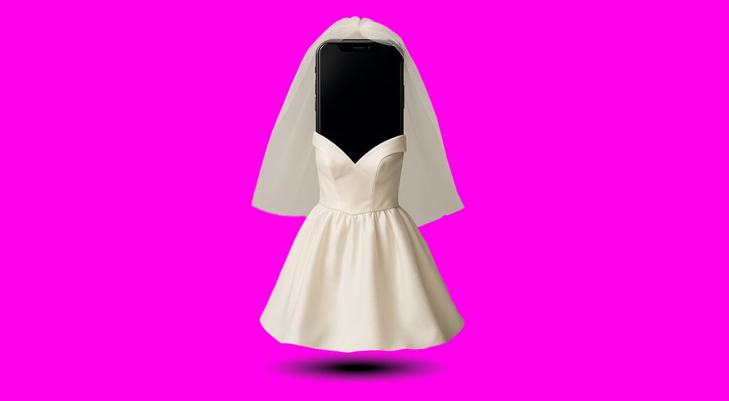 i phone, black screen, white wedding dress, pink background