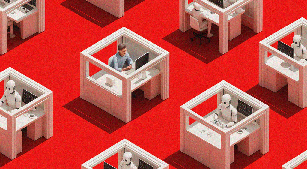 white office cubicles, white bots, one human is white shirt, red carpet