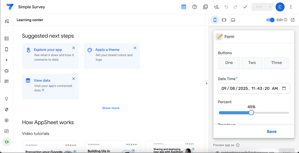 Steps suggestion feature on AppSheet