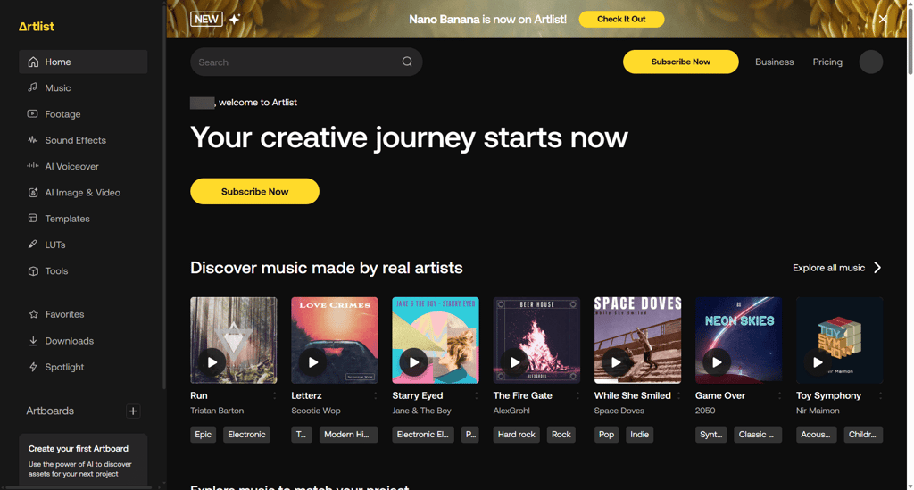 Artlist dashboard with access to music, SFX, stock footage, and AI creative tools