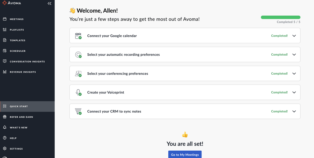 Avoma’s dashboard for anyone starting out