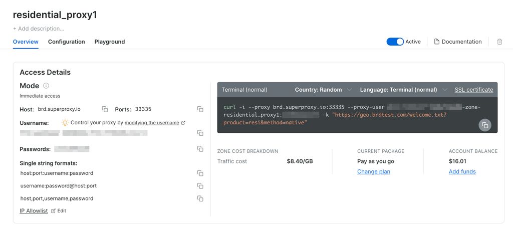 Bright Data’s residential proxy’s Overview dashboard