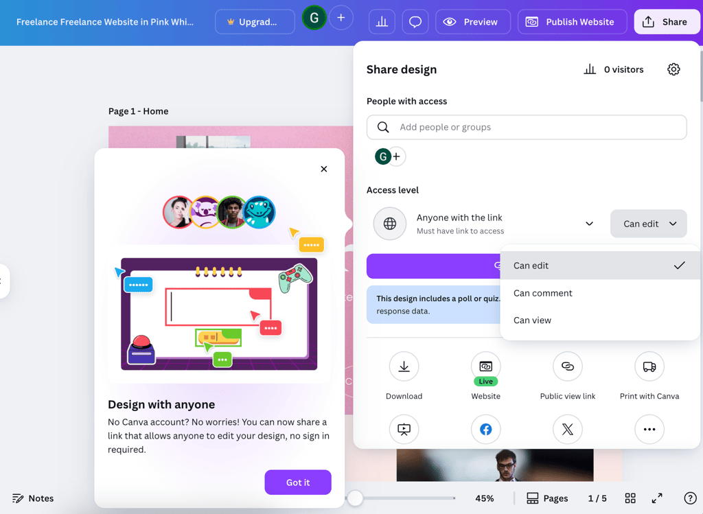 Sharing Canva website editing access