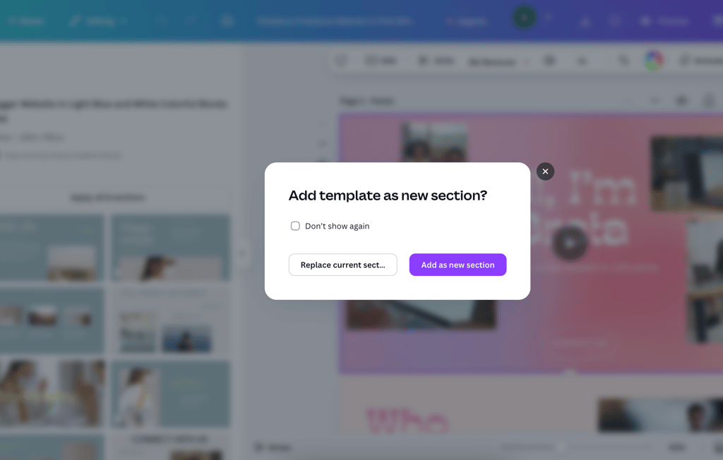 Prompt when changing website page template