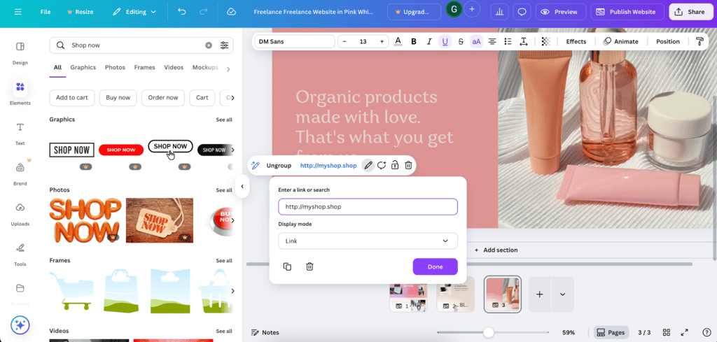 Linking elements in Canva to other pages or websites