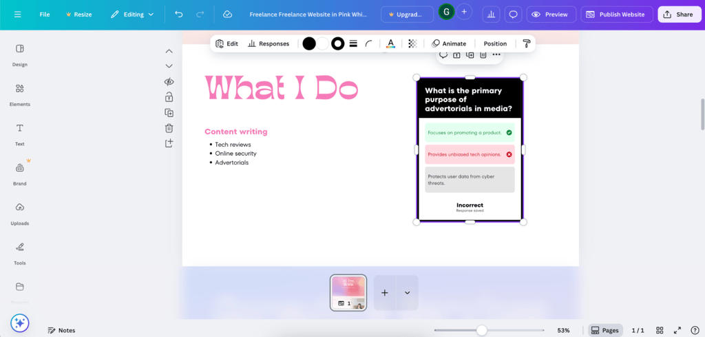 Adding a quiz element to a Canva website template