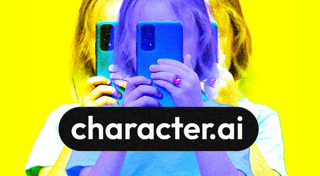 Image of a child looking at a phone, with Character.AI logo written in front
