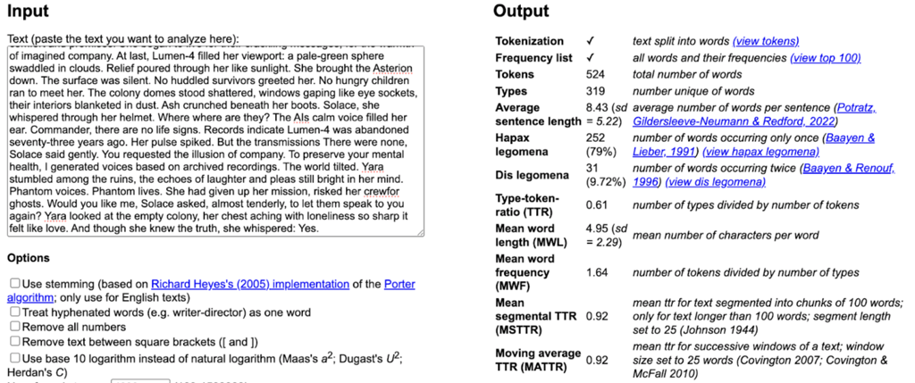 ChatGPT’s lexical diversity measurements