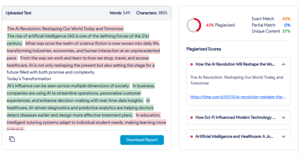 ChatGPT plagiarism checker results