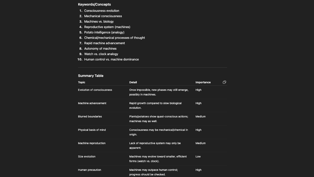 ChatGPT summarization keywords and table