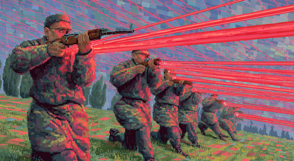 ground troops holding laser guns, red laser, shooting, pixel image