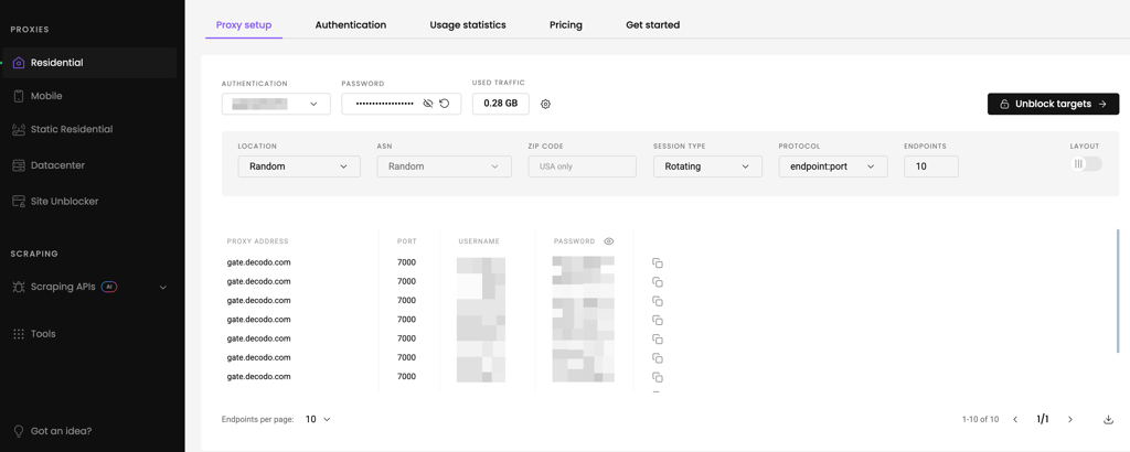 Decodo Proxy setup dashboard new