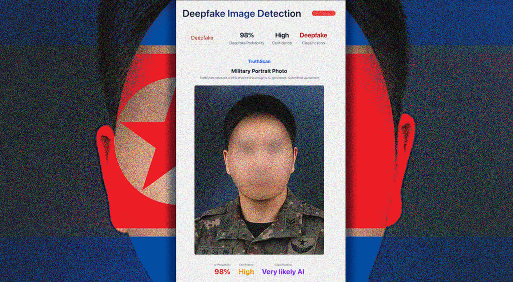 blurred mans face, army uniform, North korea flag on face, deepfake image detection