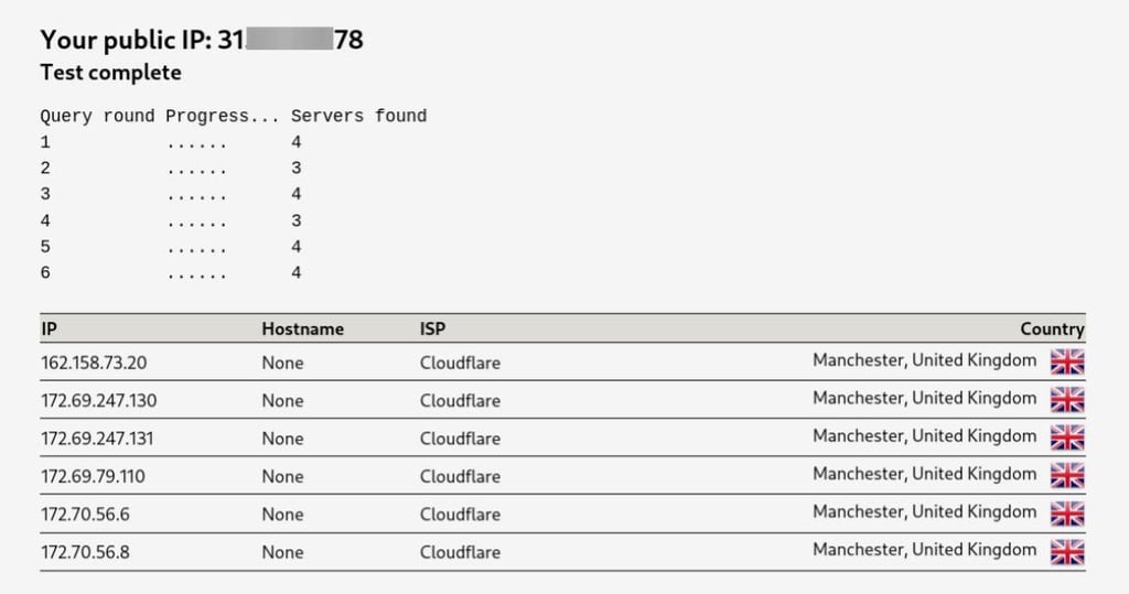 dnsleaktest.com shows the same VPS IP with several Cloudflare DNS servers
