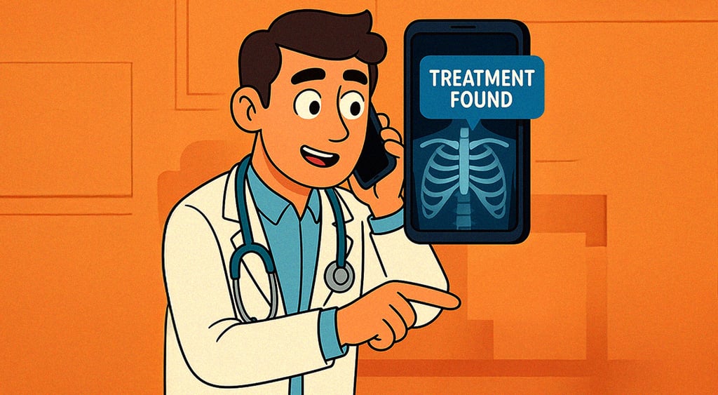 animated doctor, white lab coat, on the phone, human ribs, orange background
