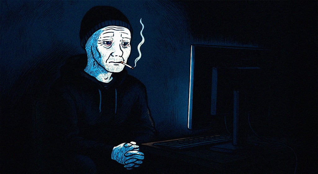 doomer wojak meme, smoking in front of screen, sad, black hat