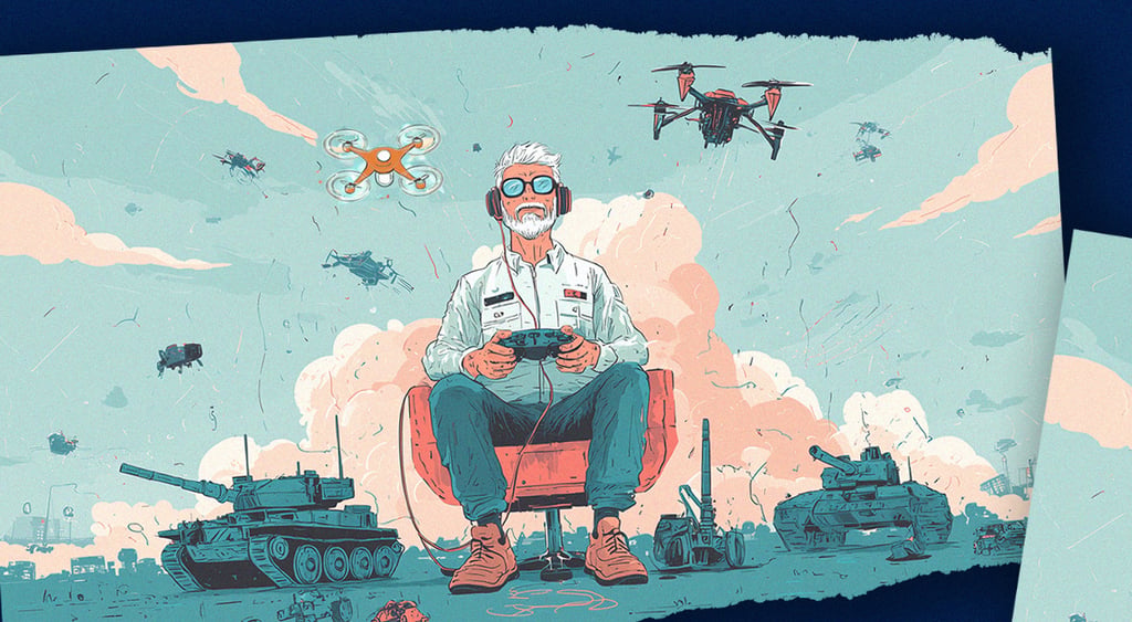 man with grey joystick controls tanks, drones, white hair and shirt, blue jeans