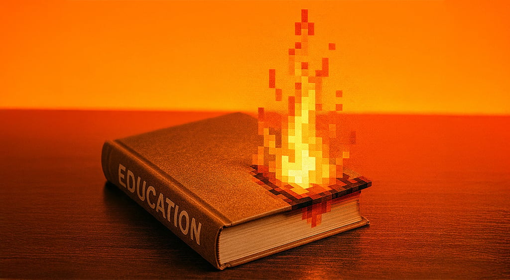 pixelated fire burning on a brown book, orange background, education title