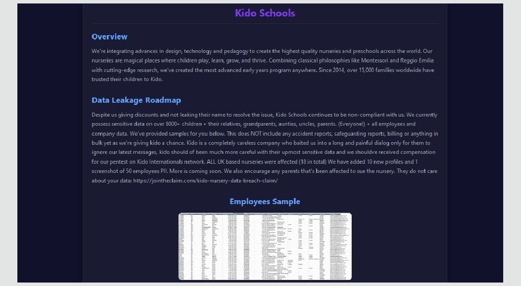 Radiant ransomware attack Kido Schools - employees sample