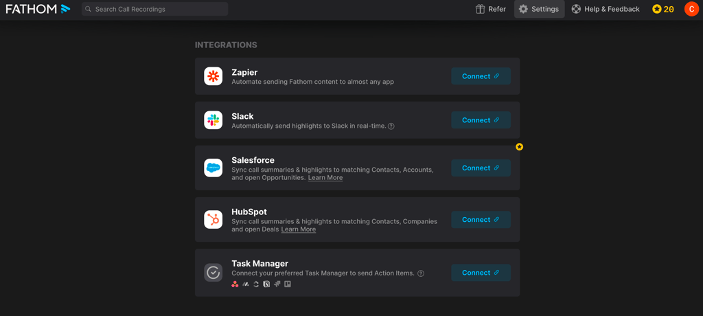 Fathom’s Integrations dashboard
