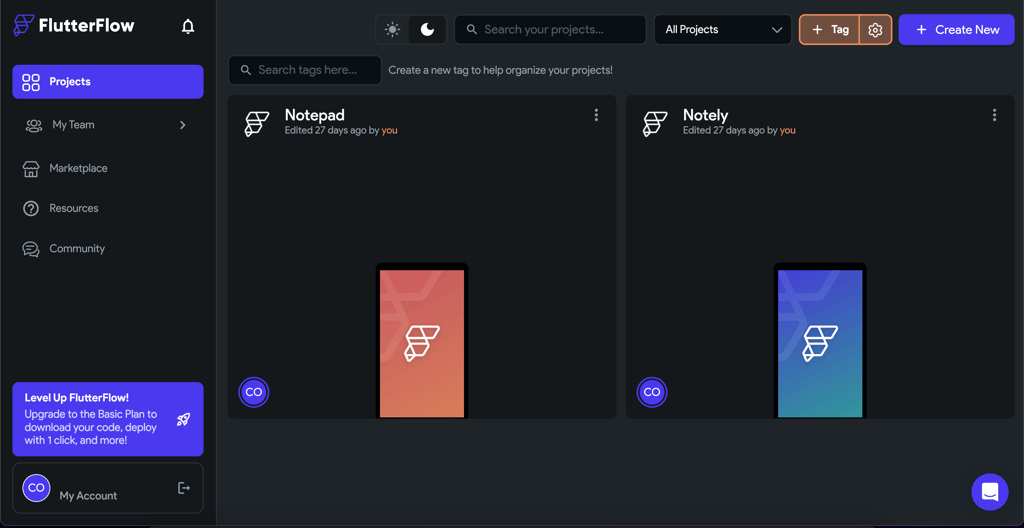 Projects view on FlutterFlow