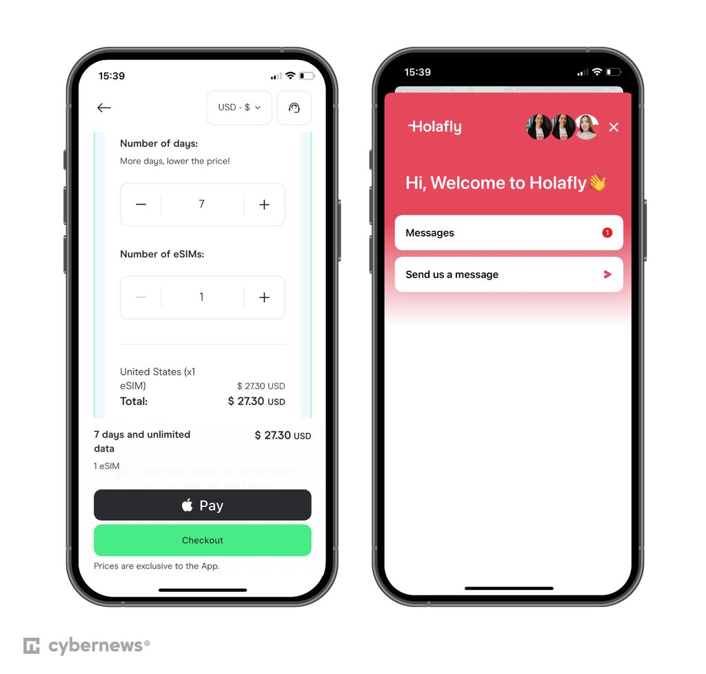 Holafly's US data plans and customer support dashboard