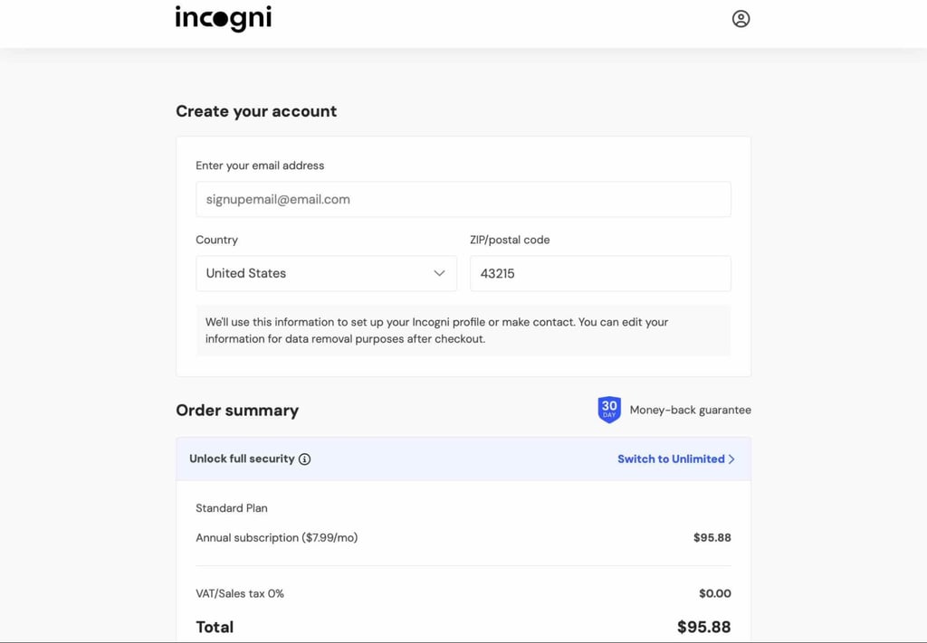 Incogni create acc