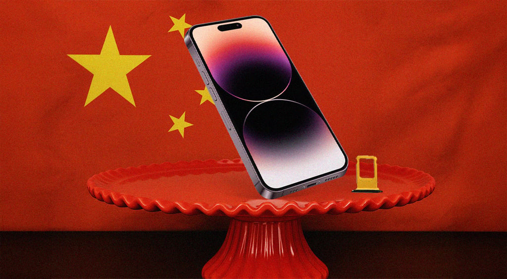 red cake tray, yellow sim tray, iphone with black white and purple screen, china