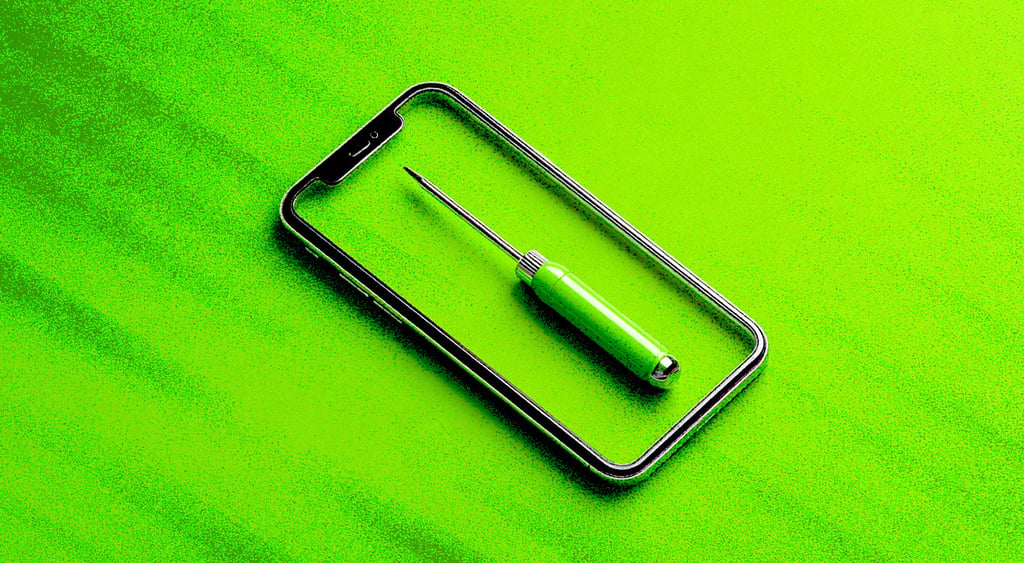 transparent iphone, salad green background, green screwdriver