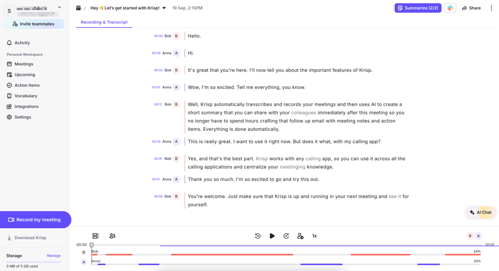 Onboarding process on the Krisp AI assistant