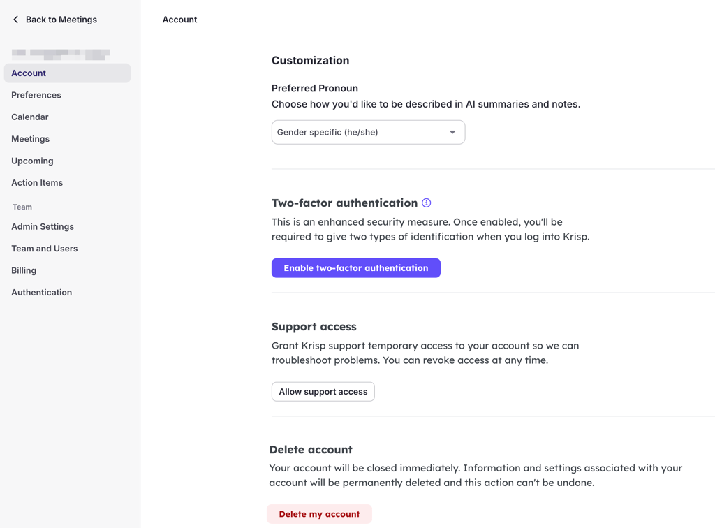 Krisp AI assistant’s main dashboard and settings