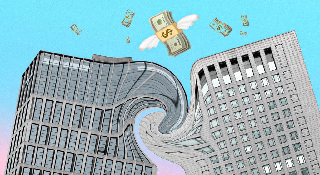 two gray glass buildings are merging into one in a spiral, blue sky, money